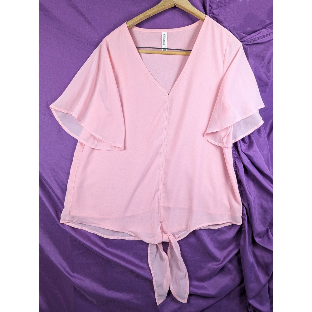 ZENANA Tunic Top L Tie Front Mustard Pink Flowy Flutter Sleeve Lagenlook
